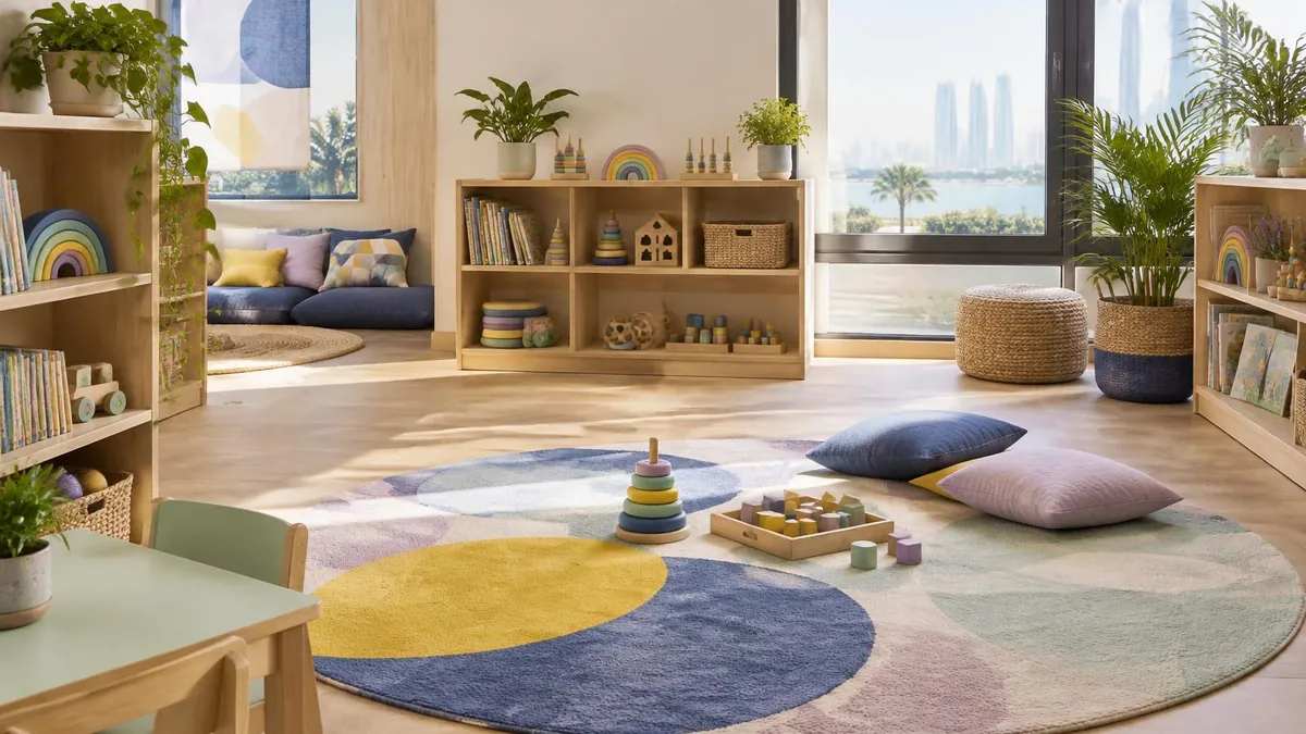 Calm learning room with a round play rug, stacking toys and low shelves of picture books