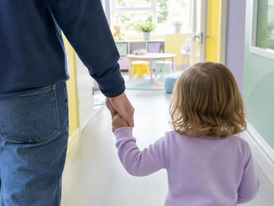 A parent and toddler, seen from behind, walking hand in hand towards a bright playroom