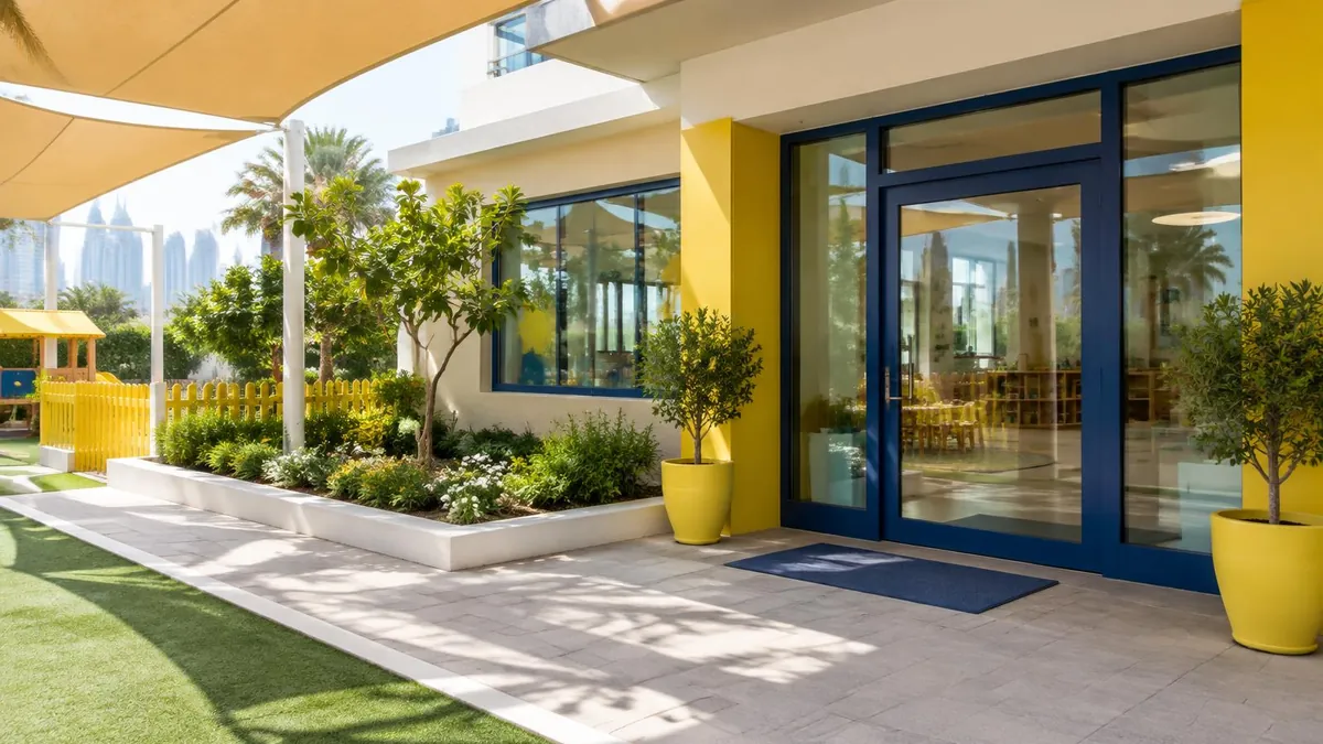 Sunny nursery entrance with a glass door, potted trees and a planted garden walkway
