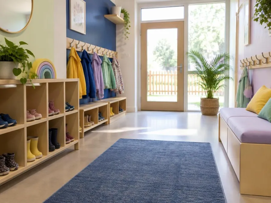 Welcoming entrance hall with shoe cubbies, coat hooks and a soft bench