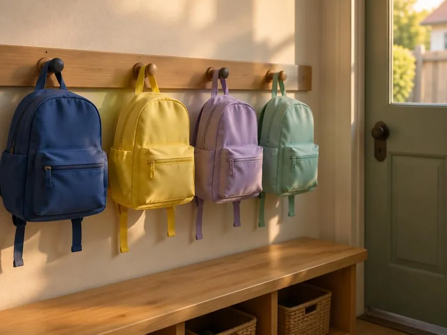 Small backpacks hanging on wooden hooks above a bench by the door