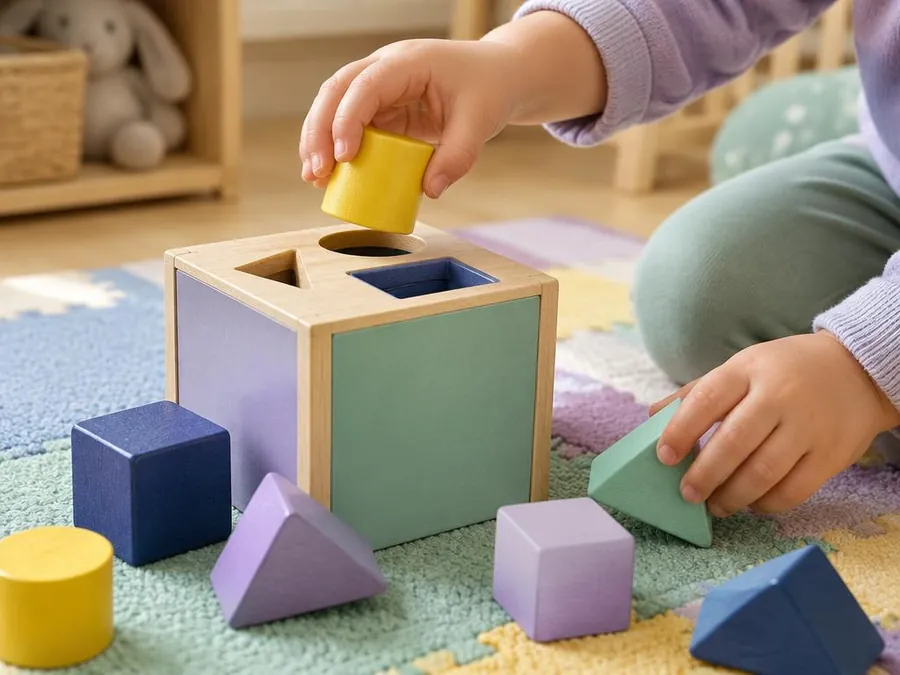 A child's hands fitting wooden shapes into a shape-sorter box