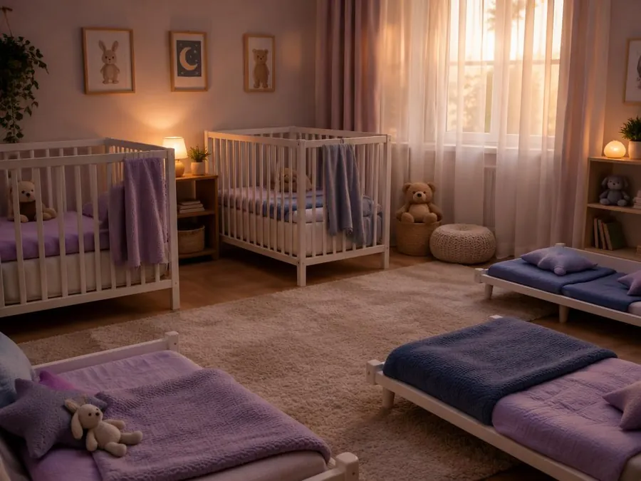 Quiet nap room with cribs, low cots and soft blankets in dimmed light