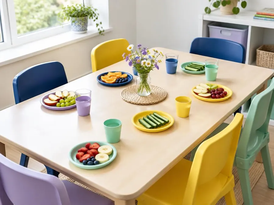 Snack table set with sliced fruit, cucumber sticks and small cups