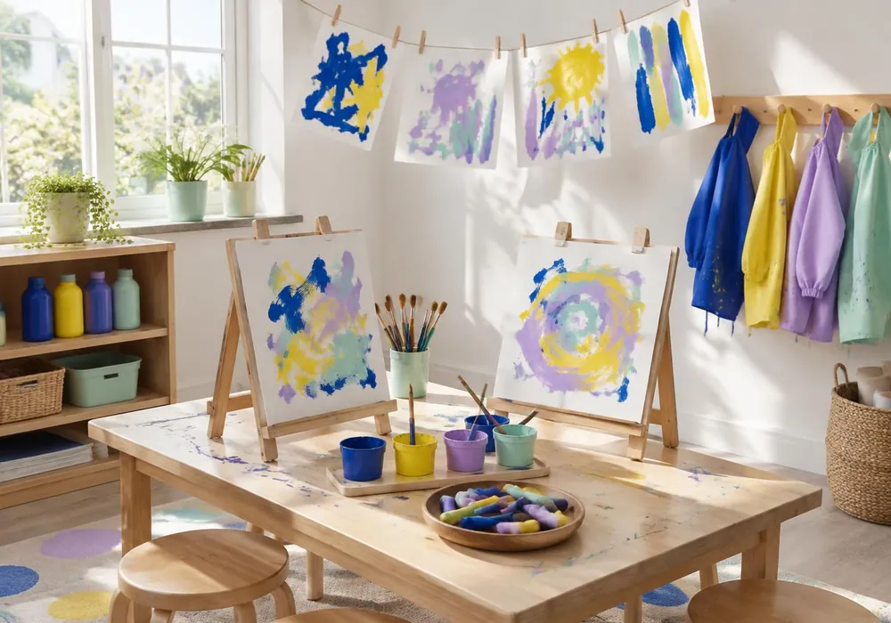 Art corner with easels, paint pots, smocks and children's paintings drying on a line