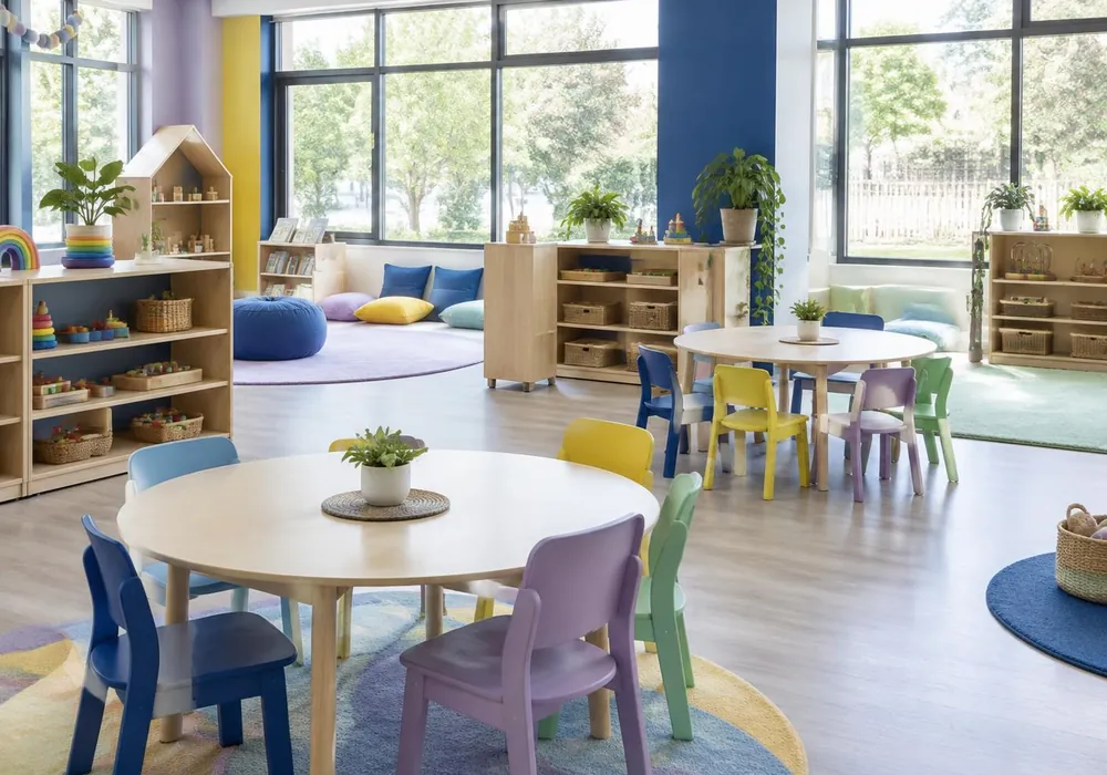 Bright classroom with round tables, small colourful chairs and wooden learning shelves
