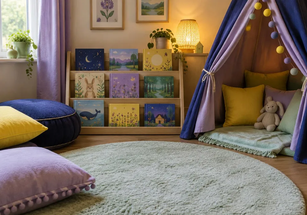 Cosy story corner with a picture-book shelf, floor cushions and a reading tent