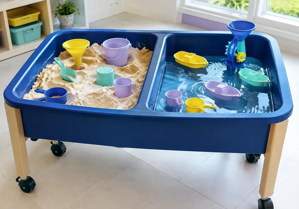 Sensory table with sand on one side and water with toy boats on the other