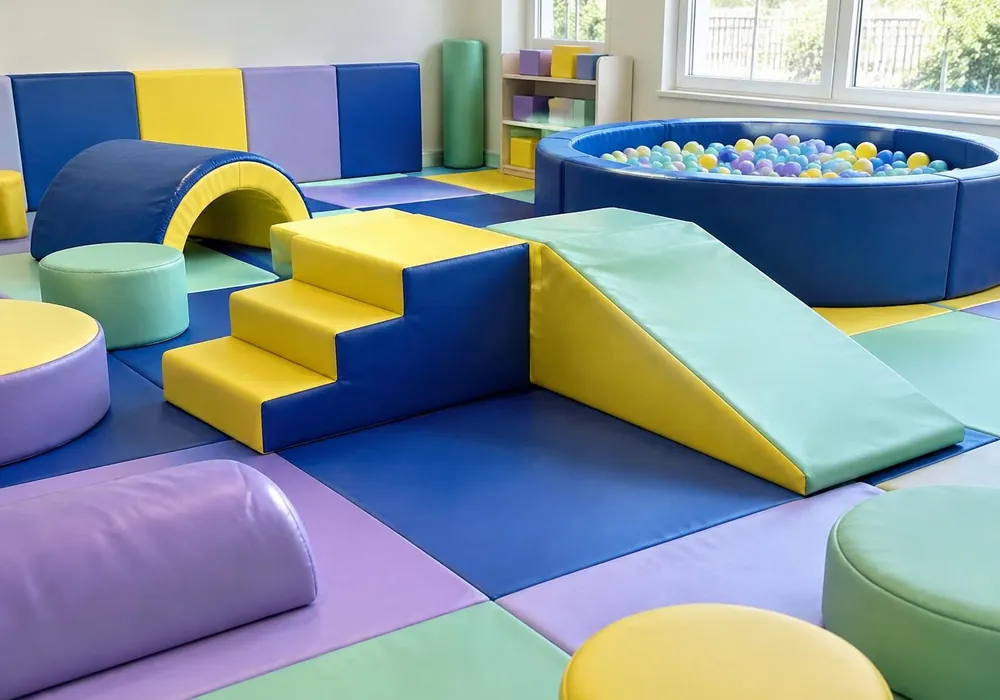 Soft play room with padded mats, foam steps, a ramp and a ball pit