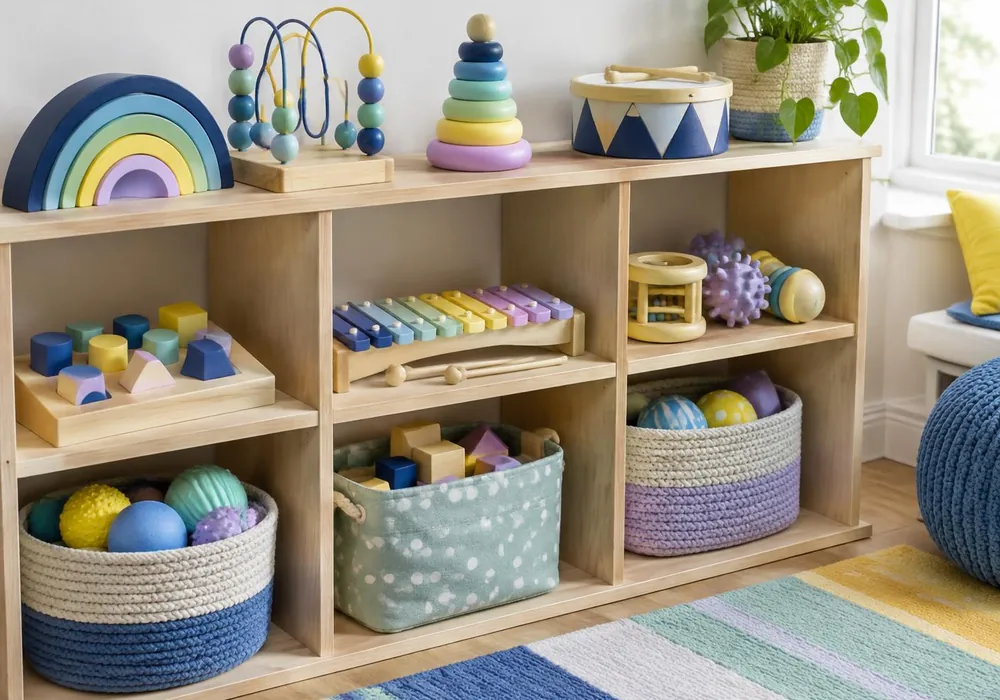 Toy shelf with wooden stacking toys, a xylophone, a drum and baskets of sensory balls