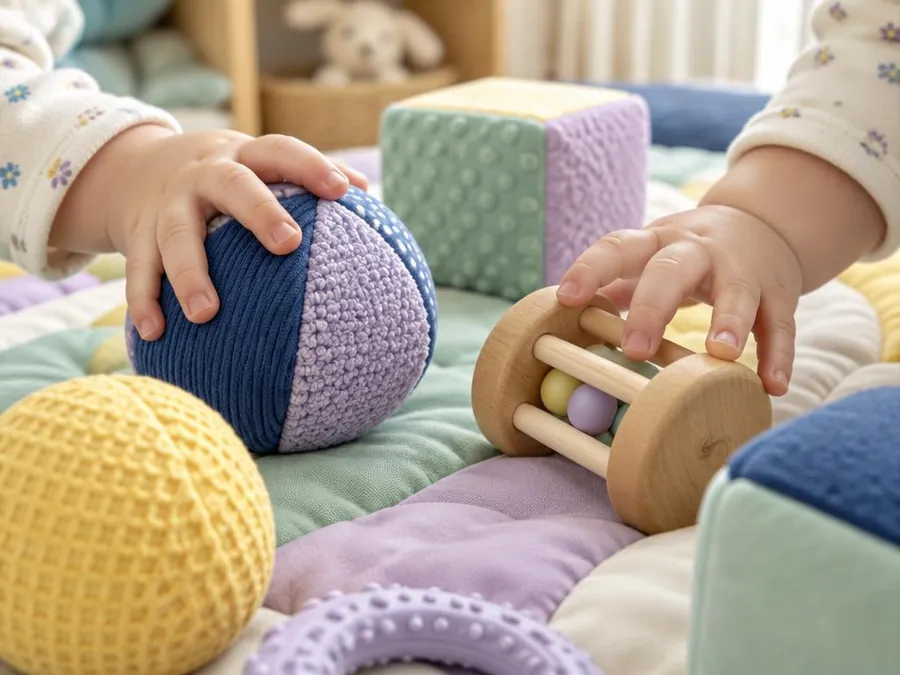 A baby's hands exploring soft textured sensory balls and a wooden rattle on a padded mat