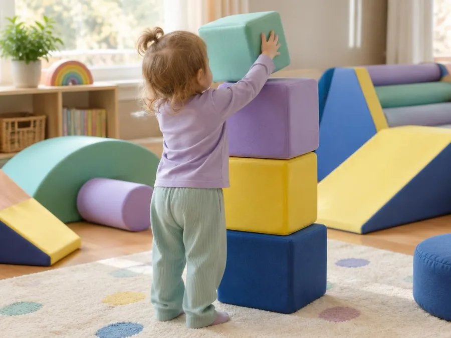 A toddler, seen from behind, stacking large soft foam blocks in a play area