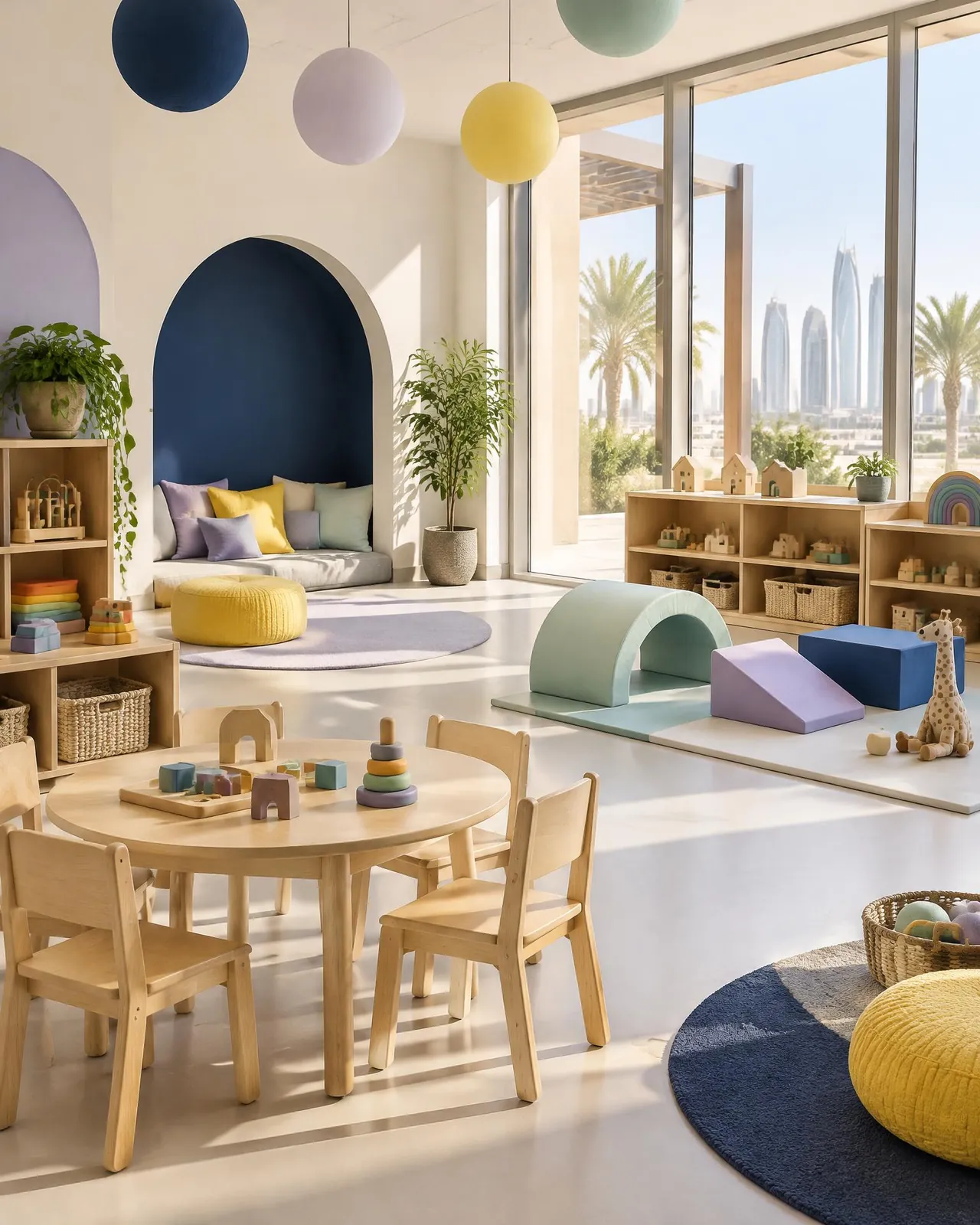 Bright early-years classroom with low wooden tables, soft play shapes, cosy reading nook and large windows